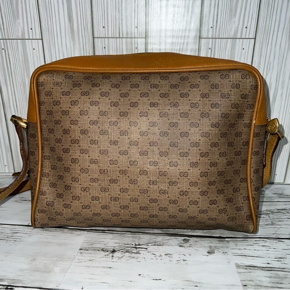 Gucci Vintage GG Monogram Canvas Crossbody Bag Brown Leather Trim Messenger - Picture 7 of 12